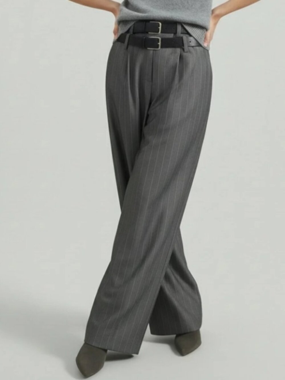 SAIA Pinstripe High-Waisted Tailored Pants-Gray w/Belts